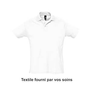 Impression directe quadri sur polo 100% coton fourni pas vos soins. INFORMATIONS OBLIGATOIRES à nous fournir avant livraison de vos textiles : Nombre de pièce par taille et référence - Nom de l'expéditeur - Jour de livraison programmé - Prévoir 1 à 3... 